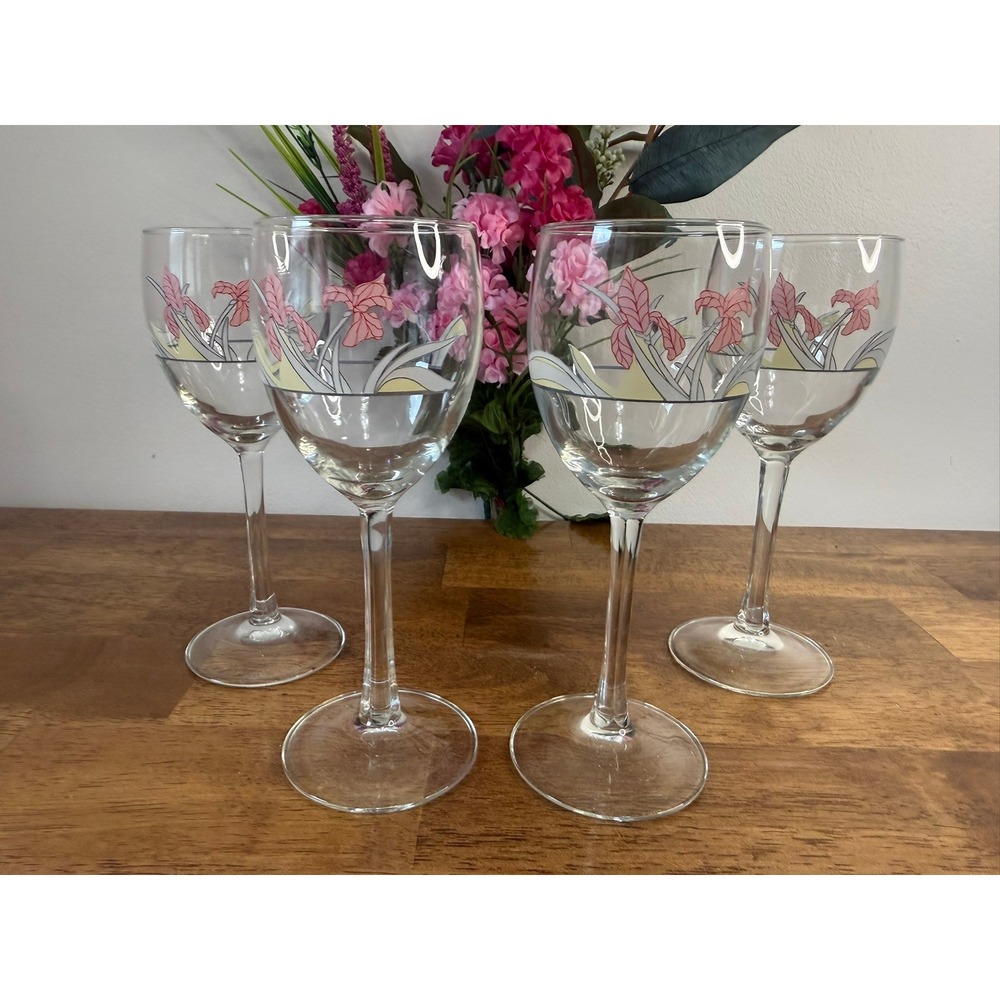 Vintage Arcopal France Pink Iris Wine Glasses Floral Stemware MCM Barware